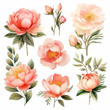 Handpainted romantic set with watercolor peonies, flowers, roses and leaves.15 lovely clipart isolated.Perfect your project,greeting cards,wedding,Birthday cards,bouquets,wreaths,invitations,logos