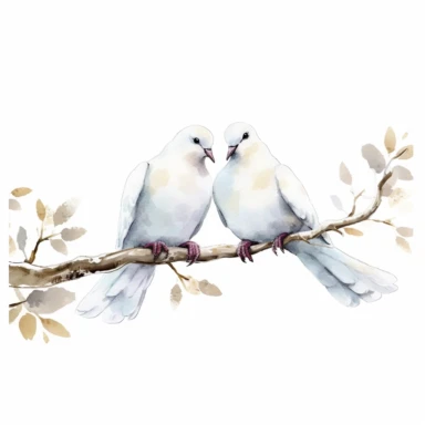 two love doves birds sitting on a branch, clipart, white background