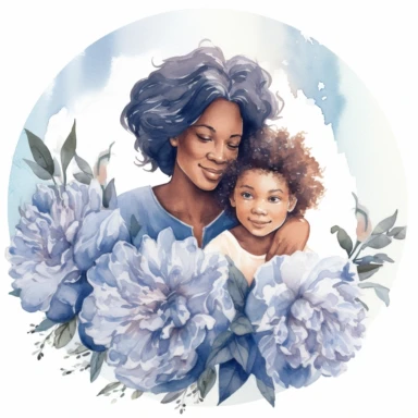 cute watercolor clipart with dark skinned older mom and adult childrens hugging echother in circle, beautiful, hight quality, pastel colors, white background, decorated with blue peonies