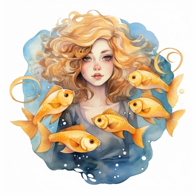 Pisces zodiac sign as fantasy cute girl surrounded by two golden fish, water theme, Watercolor pisces Zodiac Sign Clipart, 8k, detailed white background, uplighted