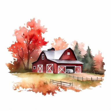 vector watercolor close up red barn in autumn clipart on white background, close up view, red barn in autumn colors, photorealistic, ultrarealisticno background, on whit