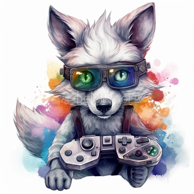 detailed, high-resolution HDR clipart image with a white background of a cartoon style, gamer, wolf, watercolor, painting, art image, very cute, adorable, floral, bigeyes, Soffer, cool looking, HDR, high-resolution, shimmering, shining, glittering, beautiful, colourful