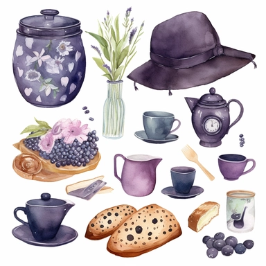 watercolor illustrations of various items including tea, coffee, baked goods and flowers, in the style of light purple and navy, primitivist style, dotted, ingrid baars, southern countryside, purple and black, lively tableaus, Clipart Collection, objects isolated on white background