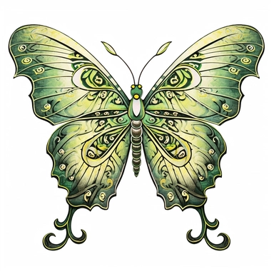 Clipart of green butterfly in the style of watercolour, clean outline, individual, magical, enchanted,