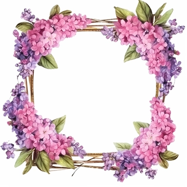 picture frame made of lilacs, clip art, white background, watercolor, hyperrealism, high detail, individual elements, isolated from background, 8k