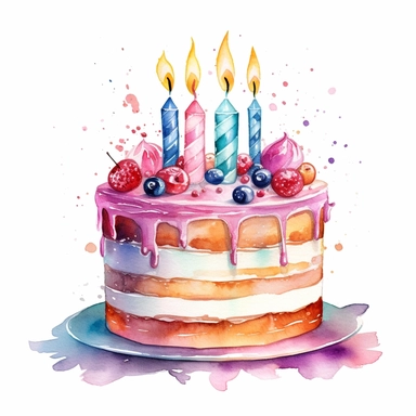 Watercolor happy birthday cake Clipart, white background, 8k