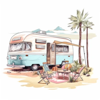 travel motorhome, outdoor lunch, pastel color, clipart