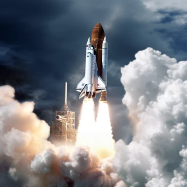 Clipart, A space shuttle launching from Earth with a trail of smoke, hyperrealistic, hyper high definition
