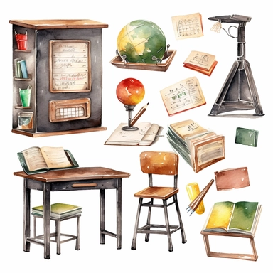 watercolor clipart school blackboard, class room desk, hight quality white background