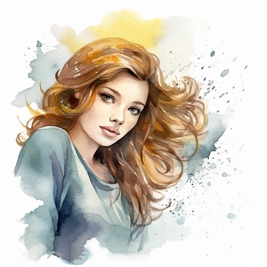 watercolour clipart of a woman, with crazy brown hair, blue-gray eyes, the sweet and scatterbrained dreamer, with a great sense of humor. She immerses herself in the world of digital design, creating exquisite papers for scrapbook albums. Though she may often forget things, her delicate touch and gentle nature shine through her artistry, make her smiling, exalted mood, white background, 8k, f1