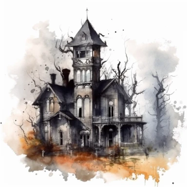 isolated clipart image of a spooky gothic house with intricate architectural details, twisted spires, and looming shadows, each house unique in its design, showcasing different elements like pointed windows, wrought-iron gates, and weathered stone walls, surrounded by a foggy atmosphere that adds a sense of mystery and intrigue, watercolor painting, delicate brushstrokes capturing the eerie charm,