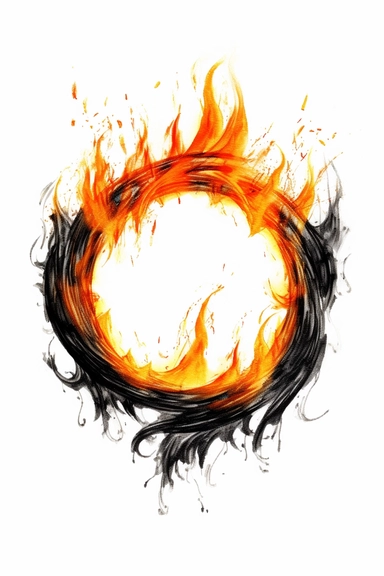 basic, simple, understated, Black only ink line clip art of a stunt burning ring with translucent orange flames on a white background, showing the duality between good and evil, embattled, fortitude, Intricate, Vibrant, Symbolic Style of art: Embroidery design in the art style of David Choe black line painting: embroidery in the style of craft and artistry , jane crowther, and David Choe, whimsical black line art, anastasiya dobrovolskaya, constantin brancusi, hopi art,