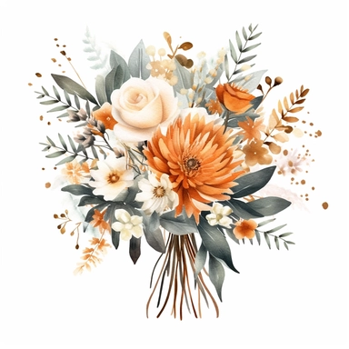 one watercolor wedding bouquet clipart on a white background, in the style of light Orange and white, intricate floral arrangements, white and bronze, intricate embellishments, sterling silver highlights, bold traditional, blurry details , no watermark, text, 300 DPI , typography, shapes do not stick together, no text in the picture, on a white background