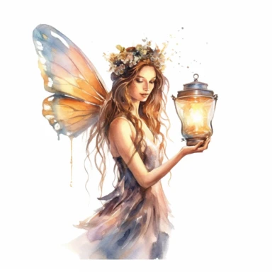 female fairy holding a fantasy lamp, watercolor clipart, white background
