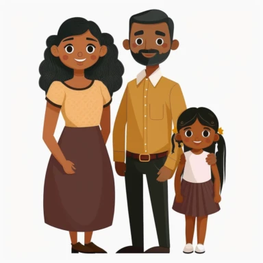 young indian mom and dad standing next to each other and 5 year old daughter standing in front of them. white background. clipart, high resolution