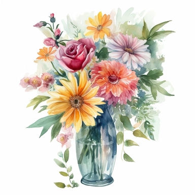 Create a watercolor clipart featuring a bouquet of mixed flowers, including roses, daisies, and peonies, arranged in a tall, slender vase. Each flower should have its unique characteristics and colors, creating a beautiful contrast in the bouquet. The vase can be transparent or opaque, with intricate watercolor details and reflections. The overall composition should exude a sense of beauty and sophistication.