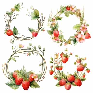 Watercolor clipart, beautiful wreaths with delicious strawberries, strawberries with leaves and flowers, summer, fresh, watercolor paints, isolated objects on white background, digitally rich, beautiful combination, high quality, 8K-Q2-S750