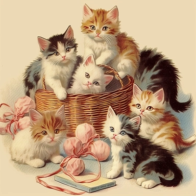 Endearing kitten clipart, displaying an array of adorable kittens in playful and curious poses, accompanied by various cat toys and accessories in the style of henry moret