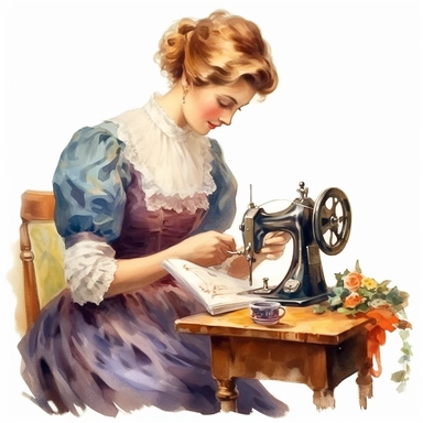 the victorian lady using a sewing machine clipart, in the style of victorian-inspired hyperrealistic watercolor illustrations, in style of Willem Haenraet brushstrokes, 300 DPI, high resolution, historical illustration, childlike illustration, stylish costume design, romantic illustrations, emotive colors, vintage color palette, cute and dreamy, realistic watercolors, realistic depictions of human form, white background