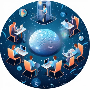 a clipart style image showing an aerial view of a human figures sitting at a desk and using a computer. The background is a galaxy starscape