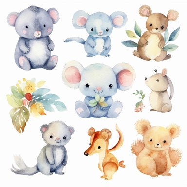 Watercolor baby australia animals , illustrations clipart set, simple , cartoon elements, different variants , , separate elements with a margin