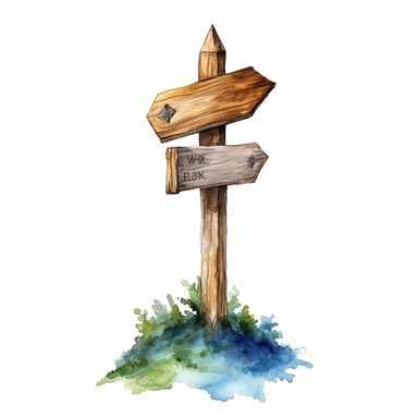 Small rustic wooden arrow signpost watercolor illustration. One side direction. Handmade watercolour sketchy painting on white, cutout clip art element for design, ready to personalize or customize.