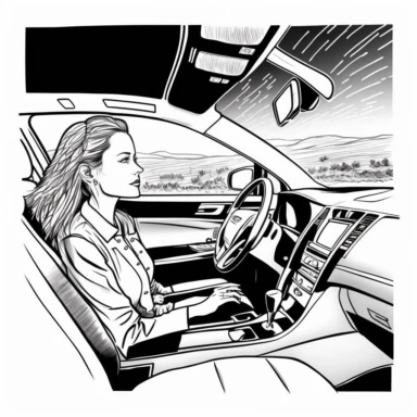 honda accord, interior, female driver injured, adobe illustrator, illustration, black and white line art, dynamic composition, forced perspective, clipart, blank background