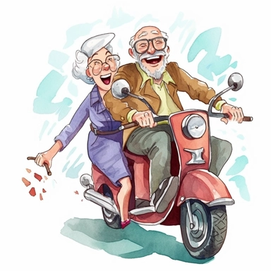 Grandpa drove Grandma by motorbike, Funny Grandparents, illustration, extremely detailed, illustration clipart, on white background, watercolor