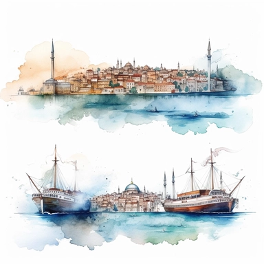 watercolor istanbul golden horn panaromic view seeing the both banks and modern time ships , illustrations clipart set, simple, , cartoon elements ,different variants , separate elements with a margin
