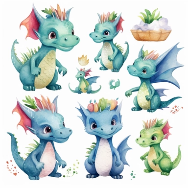 Dragons watercolor clipart, cute dragon PNG, nursery wall art, boys clipart, kids party, baby shower, white background