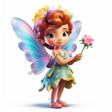 A 3D brightly colored cartoon character design of a tiny fairy with butterfly wings, wearing a flower dress, holding a wand, with high detail, clipart stickers, praying