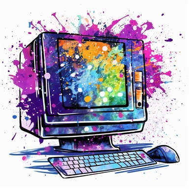 studio logo of programming colorful code getting out of a computer's screen clipart , boho style, in style of Watercolor and ink outline