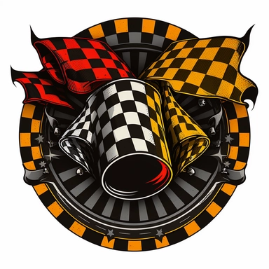 a racing logo Clipart design decal for 2 stroke engine parts include clutch gears race flag checkered pattern, orange red yellow and black colors