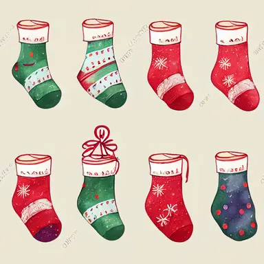 christmas socks, gradient background, in watercolor clipart style