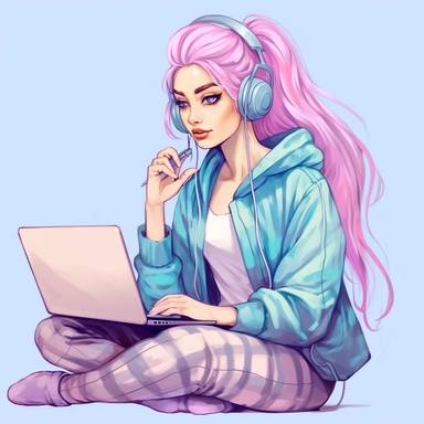fashion illustration cute woman with hair in a bun working on a laptop with pastel long hair full body clipart