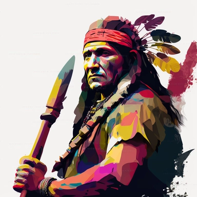 apache leader with an axe, clipart illustration, dark vivid colours, clean, crisp, smooth, with white background