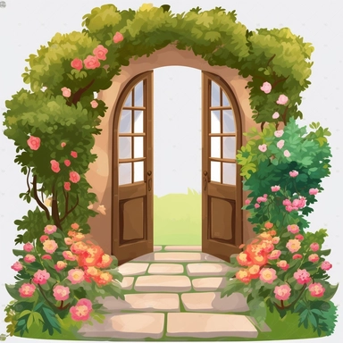simple closed door leading to beautiful garden clipart