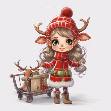 cute christmas winter reindeer elf girl wearing winter coat woolly hat and scarf and boots pulling a sleigh full of Christmas gifts isolated on a white solid background Clipart