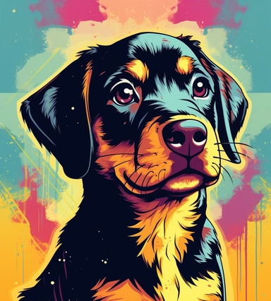 little rottweiler puppy with head tilted portrait clipart,looking at the audience,pop art illustration,Hotline Miami