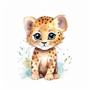 a dreamy baby leopard with kind eyes clipart with watercolor illustration,full body shot,8k,etsy style, white background