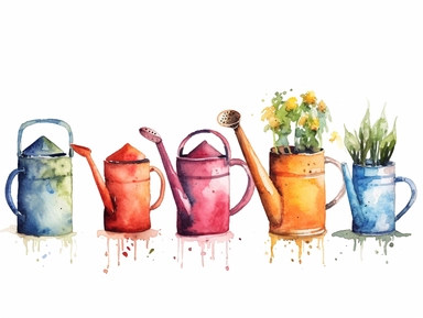 Watercolor clip art on white background, Watering Cans Clipart, high-resolution image with vibrant and true-to-life colors, isolated