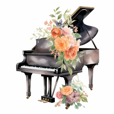 watercolor floral grand piano clipart, white background