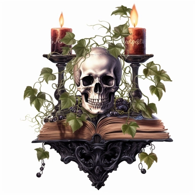 gothic clipart, skulls, books and ivy. goblets, candles