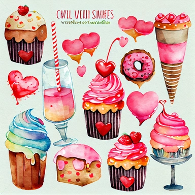 watercolor, hand painted, valentines day treats, cupcakes, candy, ice cream soda, cakes and cookies clipart set,