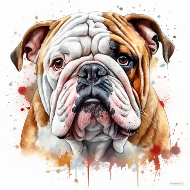 cute English Bulldog dog portrait, full face, centered shot, side shot, dynamically posed, in action, playful mood, happy mood, playing mood, cute face, adorable smile, childlike eyes, clean watercolor illustration, white background, nursery baby imagery, painting, detailed, 8k, PNG, clipart,