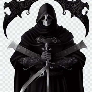 medieval character concept, black cloaked mercenary wielding a massive two handed sword, representing death, png, png cut out, dark blacks, intricate detail, symmetrical design clipart,