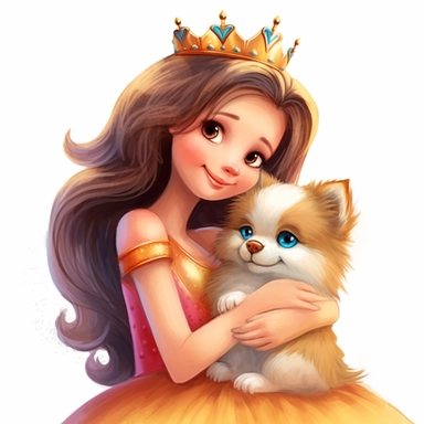 a charming clipart portraying a cute princess embracing her furry friend with meticulous attention to detail, watercolor, celebrating the power of love and friendship, digital painting, aesthetic, 8k, white background