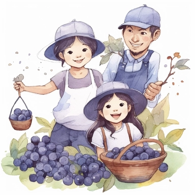 clip art of an asian baby girl and her dad are harvesting fresh blueberry with basket, crayon colouring, in the style of illustrator Ashley Bryan, smilecore, soggy, sticker set, ready-made objects, loose paint application, white background, embroidery