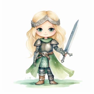 Clipart of a cute little warrior, girl, brave. She is blonde with green eyes. The background is watercolour and sparkly. Cute and modern knight outfit. full body