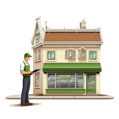 In clipart style with a white background. I building inspector with green hard hat and a clipboard inspecting a commercial shop in the main street of a small town